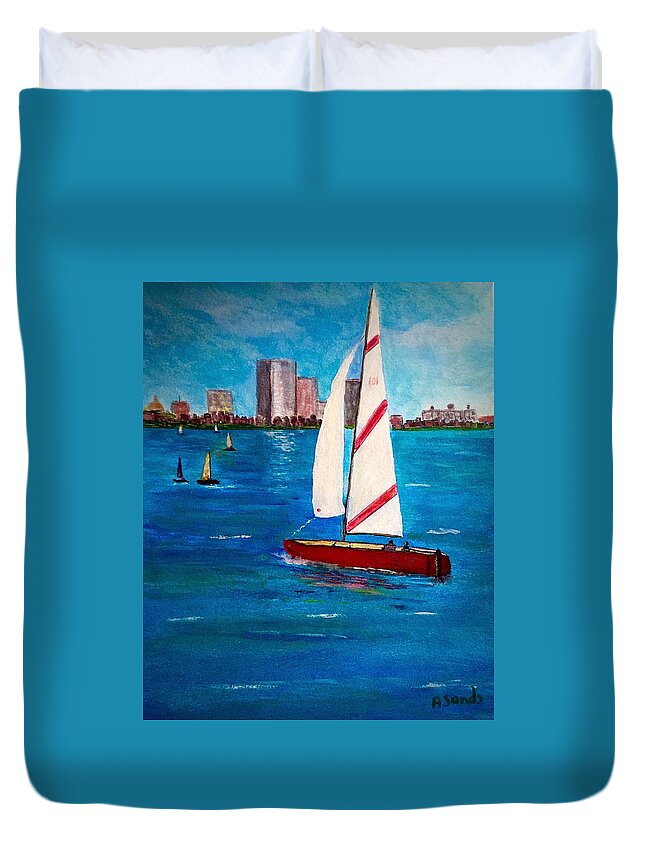 Charles River Duvet Cover featuring the painting Sailing on the Charles by Anne Sands