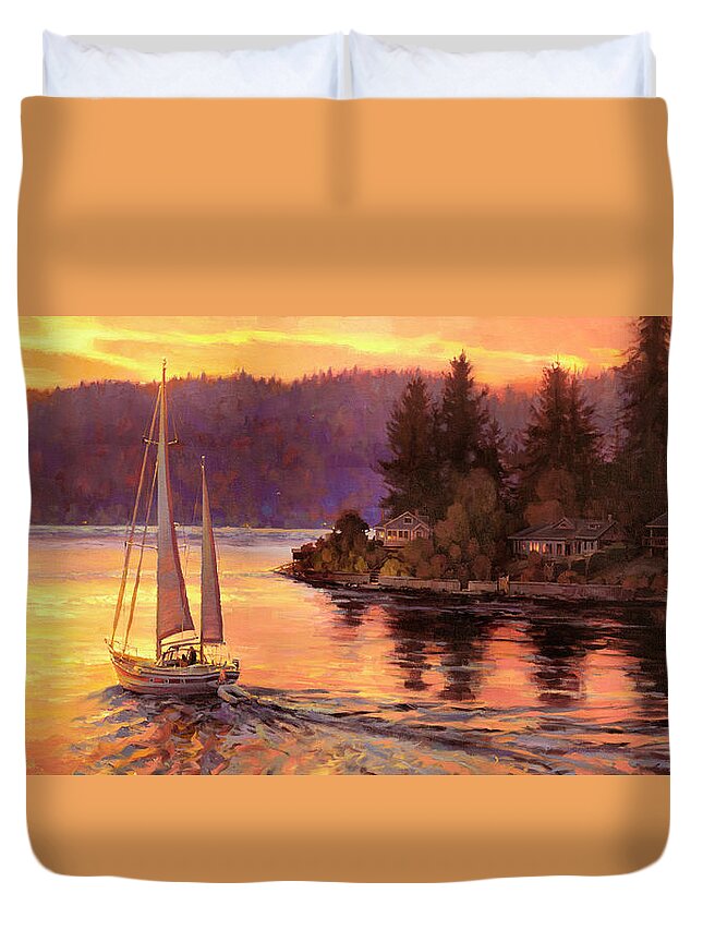 Sailing Duvet Cover featuring the painting Sailing on the Sound by Steve Henderson