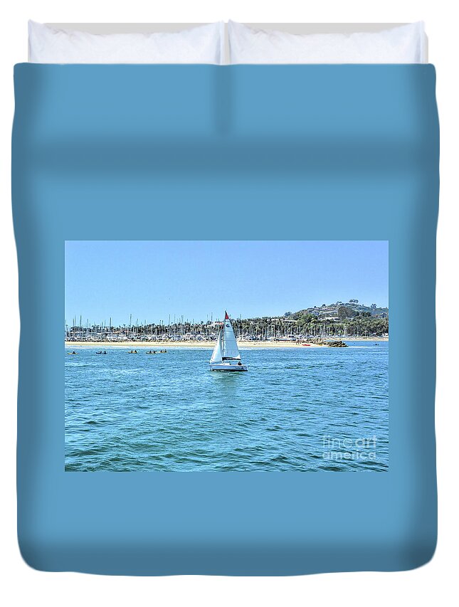 California; Santa Barbara Duvet Cover featuring the photograph Sailing out of the Harbor by Joe Lach