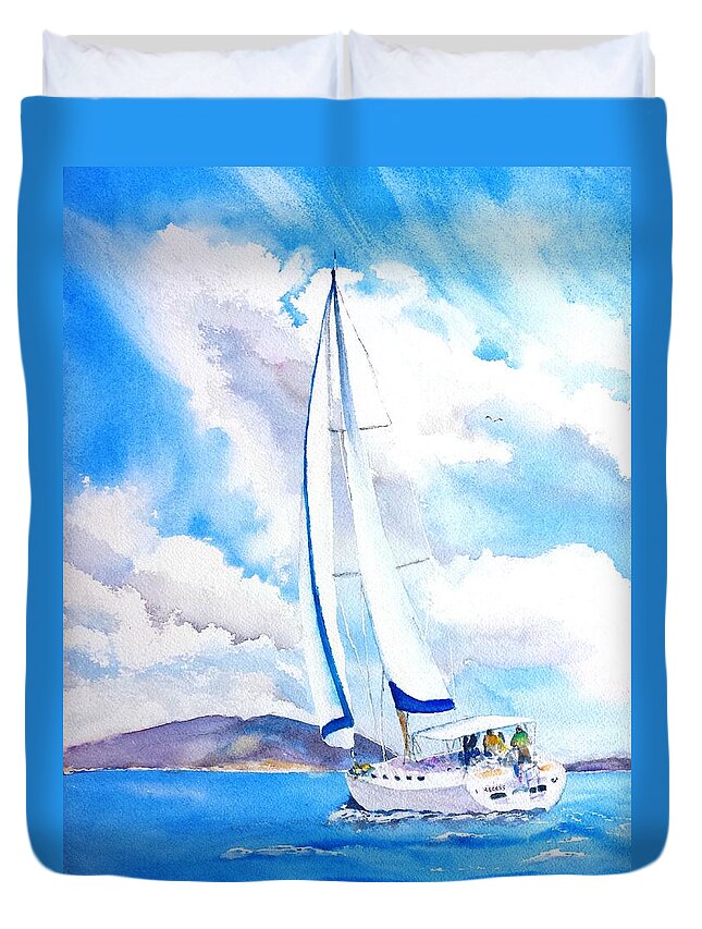 Sailboat Duvet Cover featuring the painting Sailing the Islands by Carlin Blahnik CarlinArtWatercolor