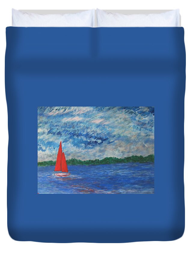 Red Duvet Cover featuring the painting Sailing the wind by John Scates