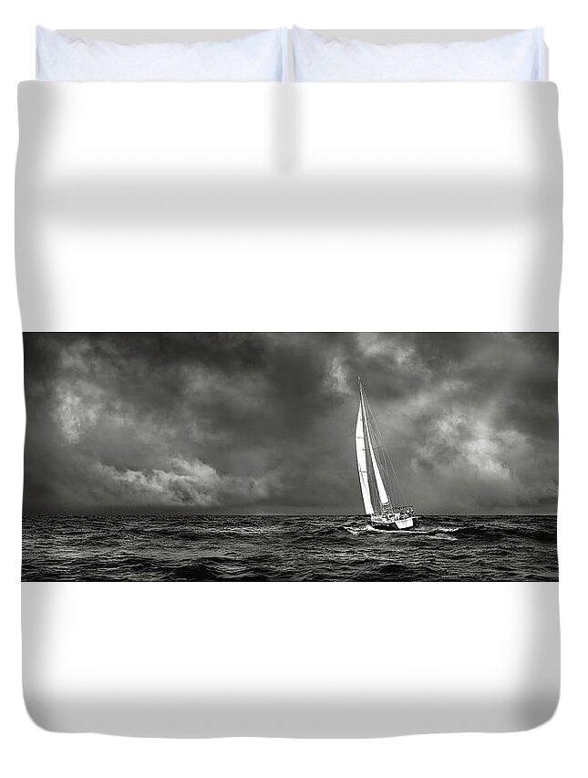 Wine Dark Sea Duvet Cover featuring the photograph Sailing The Wine Dark Sea in Black and White by Endre Balogh