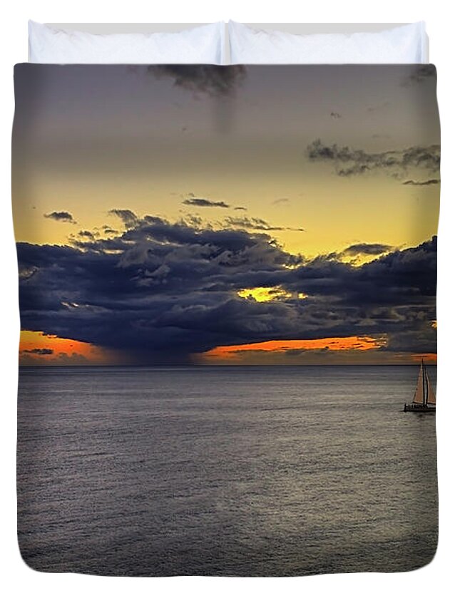 Sailboat Duvet Cover featuring the photograph Sailing to Sunset by Peter Kennett