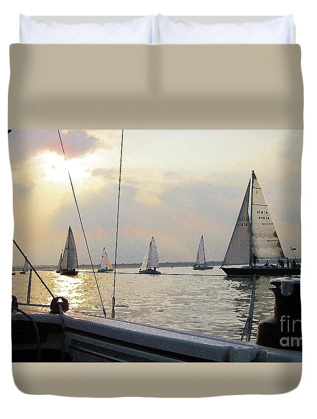 Sailboats Duvet Cover featuring the digital art Sails in the Sunset by Xine Segalas