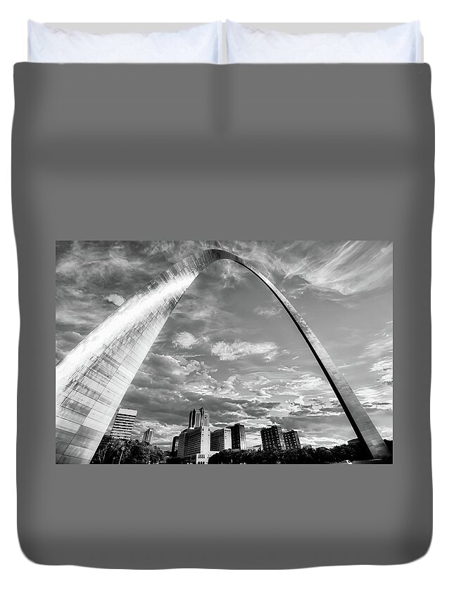 America Duvet Cover featuring the photograph Saint Louis Skyline Morning Under the Arch - Black and White by Gregory Ballos