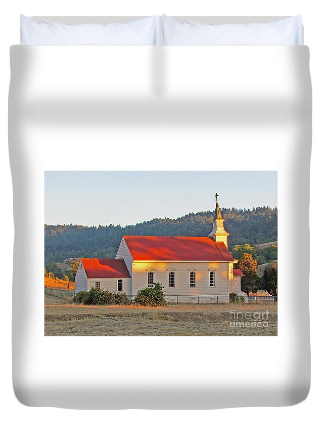 Landscape Duvet Cover featuring the photograph St. Mary's Church at Sunset by Joyce Creswell