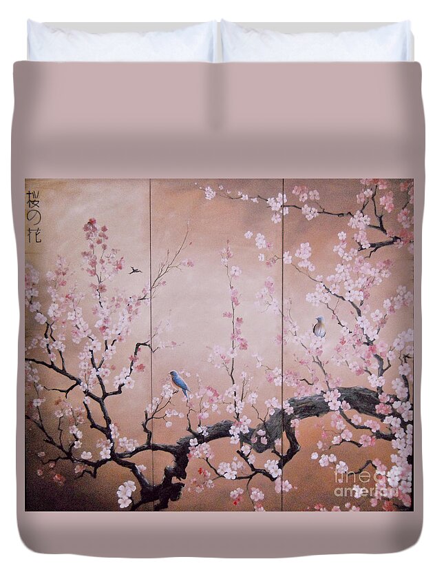 Flowers Paintings Duvet Cover featuring the painting SAKURA - cherry trees in bloom by Sorin Apostolescu