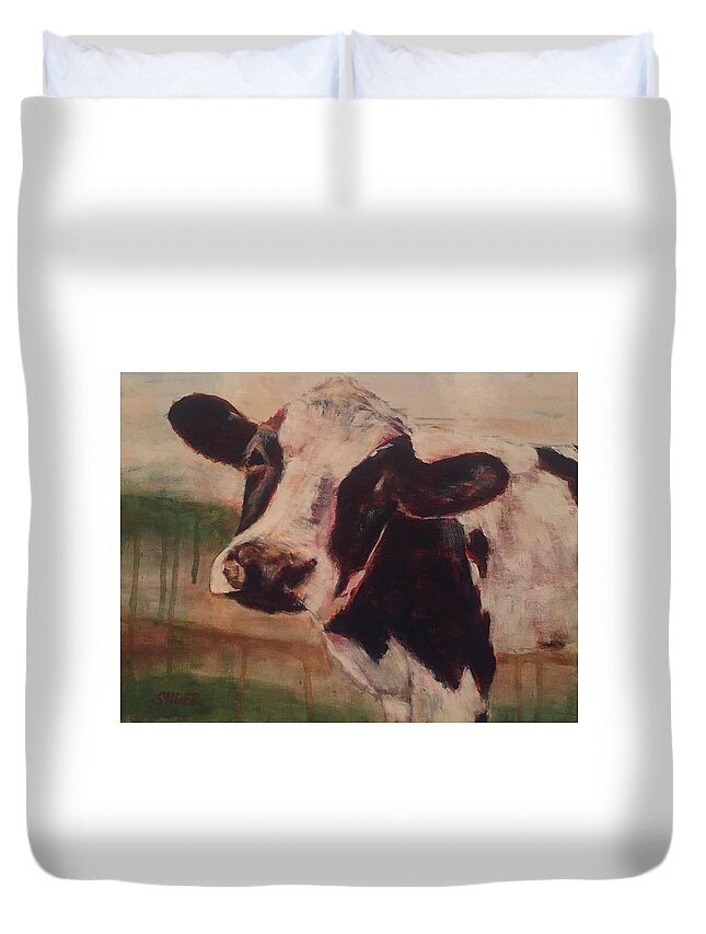 Cow Duvet Cover featuring the painting Sally by Kathy Stiber