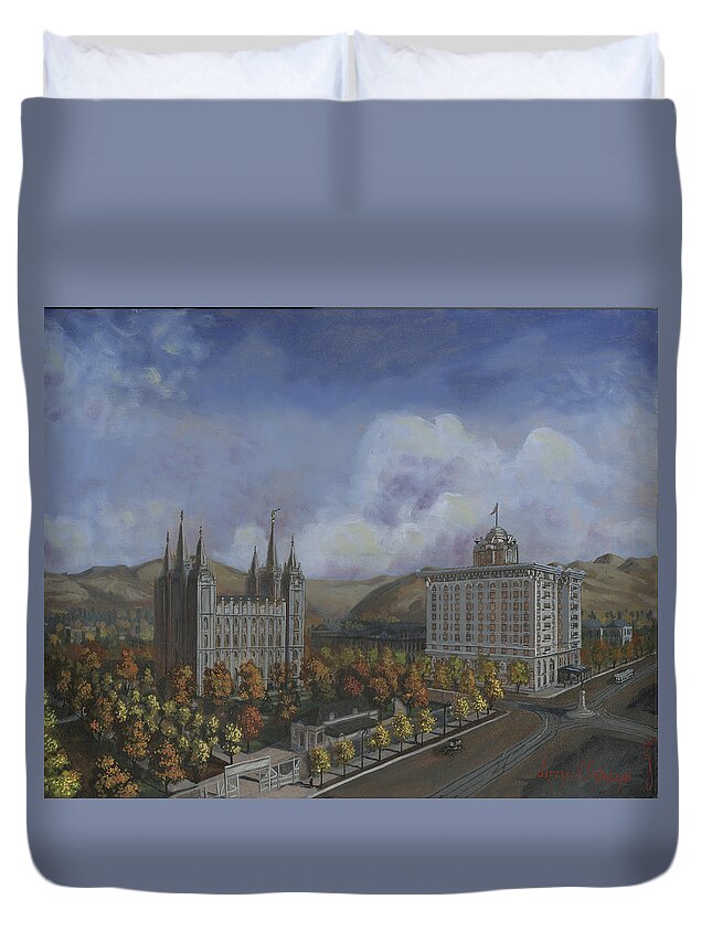Temple Duvet Cover featuring the painting Salt Lake City Temple Square Nineteen Twelve Right Panel by Jeff Brimley