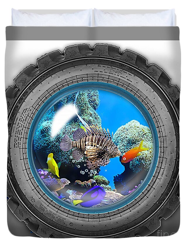 Fish Duvet Cover featuring the mixed media Saltwater Tire Aquarium by Marvin Blaine