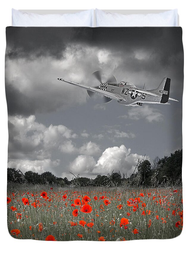 P-51 Duvet Cover featuring the photograph Salute To The Brave - p51 Flying over Poppy Field by Gill Billington