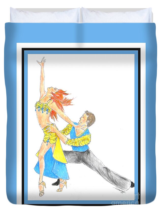 Energy Duvet Cover featuring the drawing Samba - Portrait of 2 Samba Dancers by Jayne Somogy