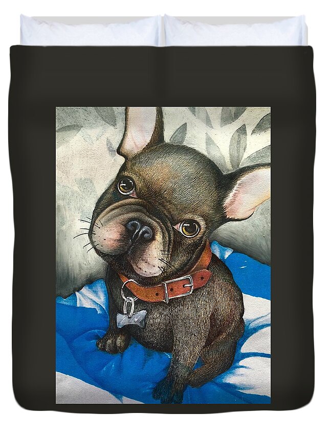 French Bulldog Duvet Cover featuring the mixed media Sammy the French bulldog by Sharon Hulme