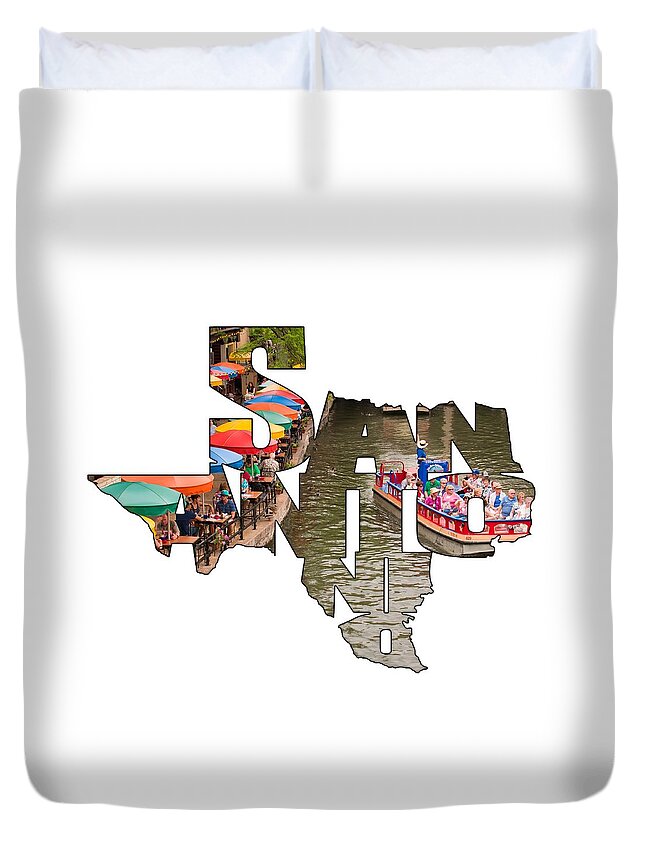 San Antonio Duvet Cover featuring the photograph San Antonio Texas Typography - San Antonio Riverwalk by Gregory Ballos