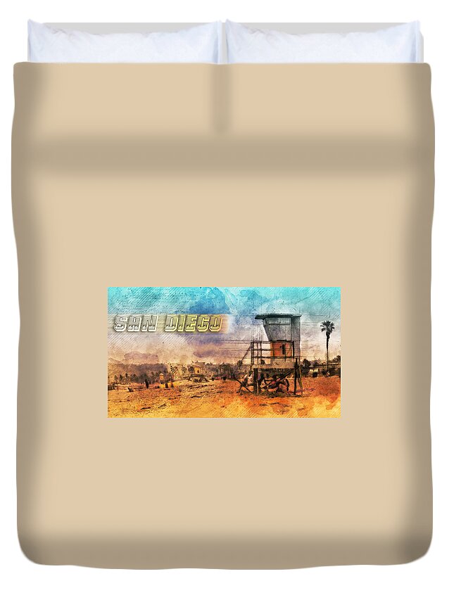 San Diego Duvet Cover featuring the mixed media San Diego Lifeguard Tower by Bryant Coffey