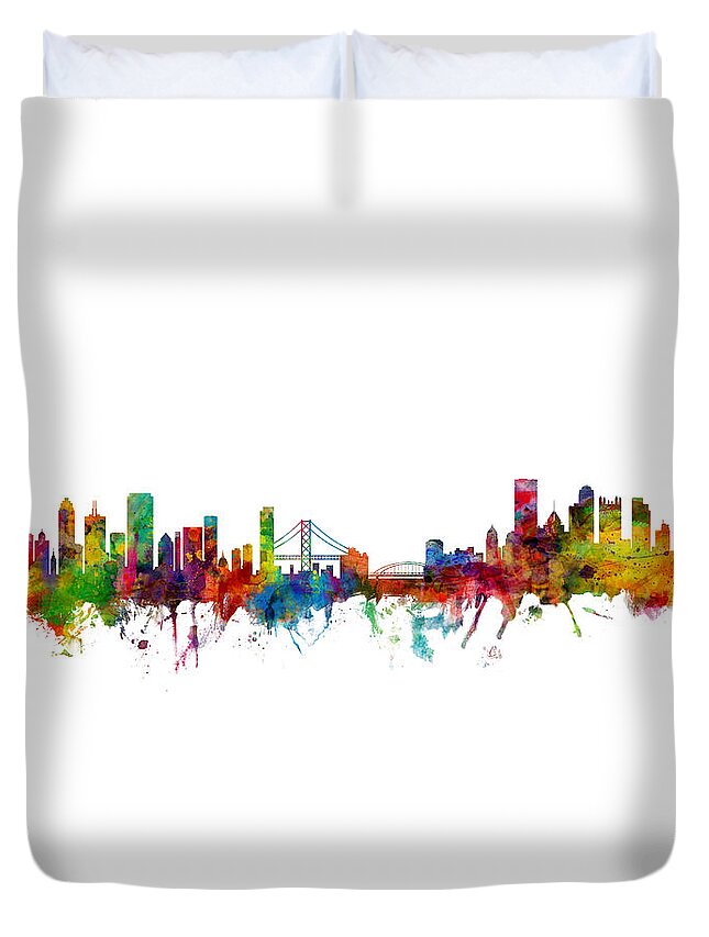 Pittsburgh Duvet Cover featuring the digital art San Francisco and Pittsburgh Skylines Mashup by Michael Tompsett