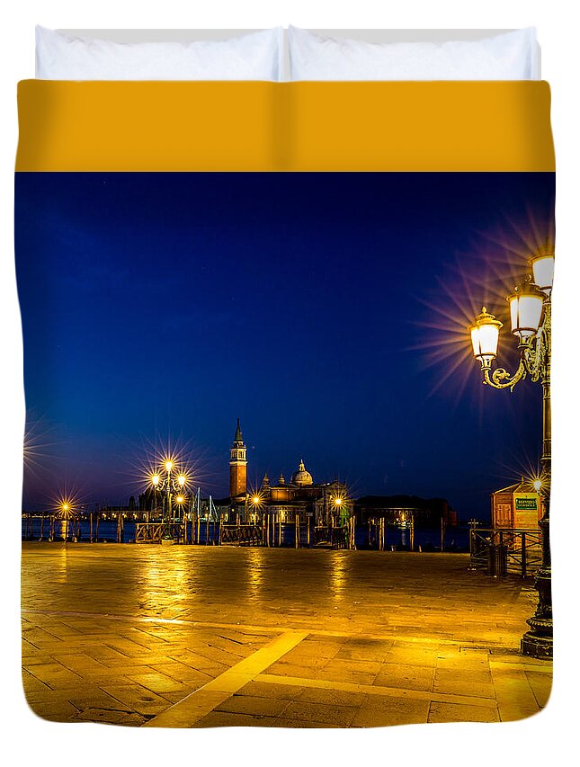 Sunrise Duvet Cover featuring the photograph San Marco Square in Venice at Sunrise by Lev Kaytsner