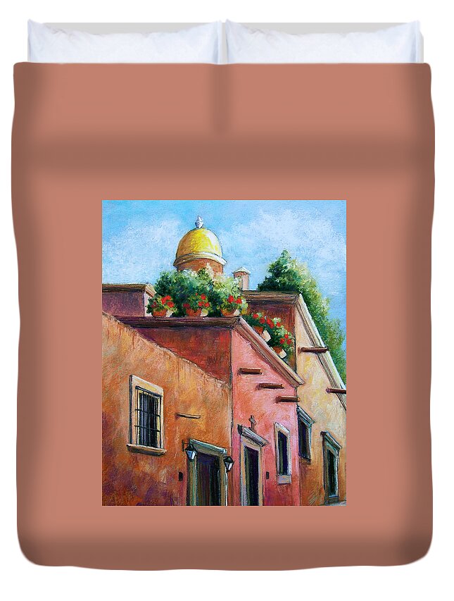 Landscape Duvet Cover featuring the pastel San Miguel de Allende by Candy Mayer