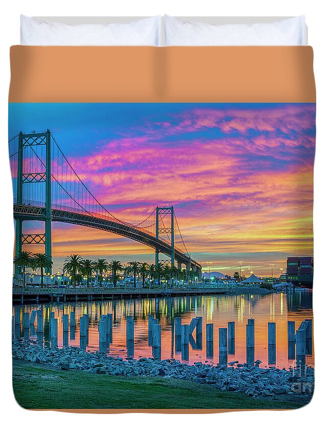 San Pedro Vincent Thomas Bridge With Fiery Sunrise On The Waterfront Duvet Cover featuring the photograph San Pedro Fiery Sky Waterfront by David Zanzinger