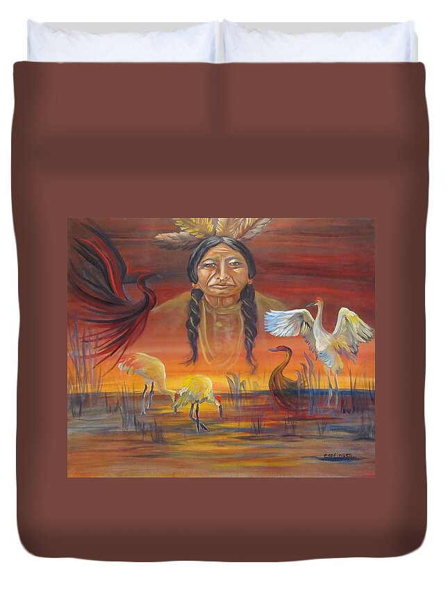 Native American Duvet Cover featuring the painting Sand Crane Dreams by Carol Allen Anfinsen