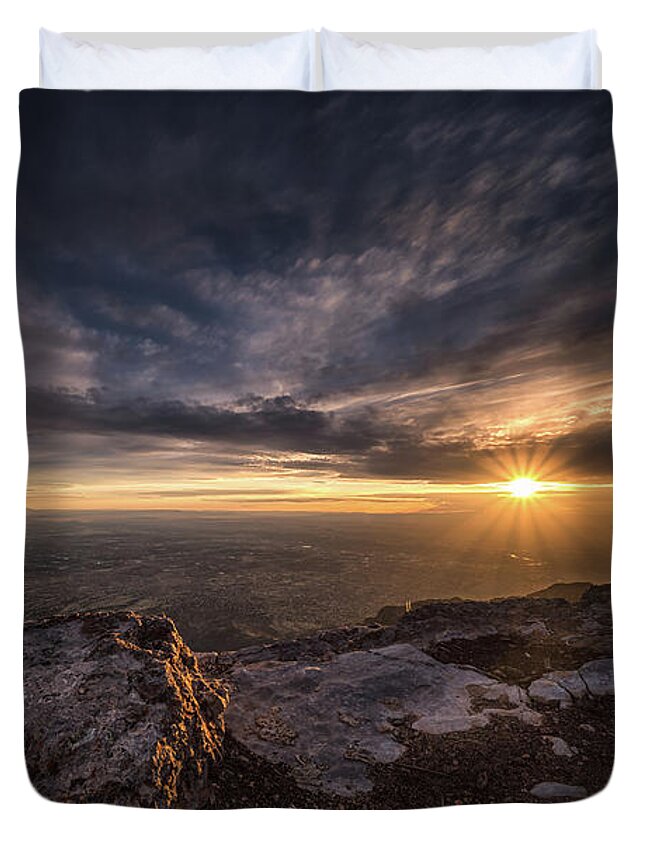 Albuquerque Duvet Cover featuring the photograph Sandia Peak Sunset full rays by Framing Places