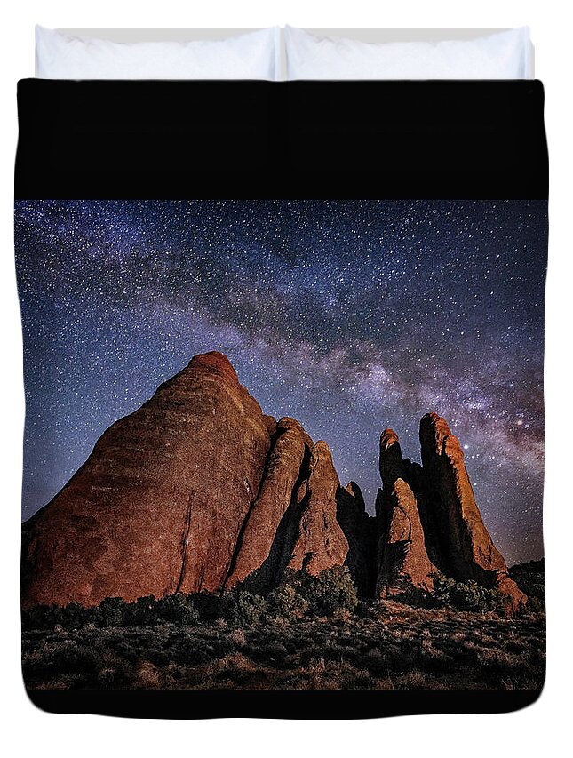 Arches Duvet Cover featuring the photograph Sandstone and Milky Way by Michael Ash