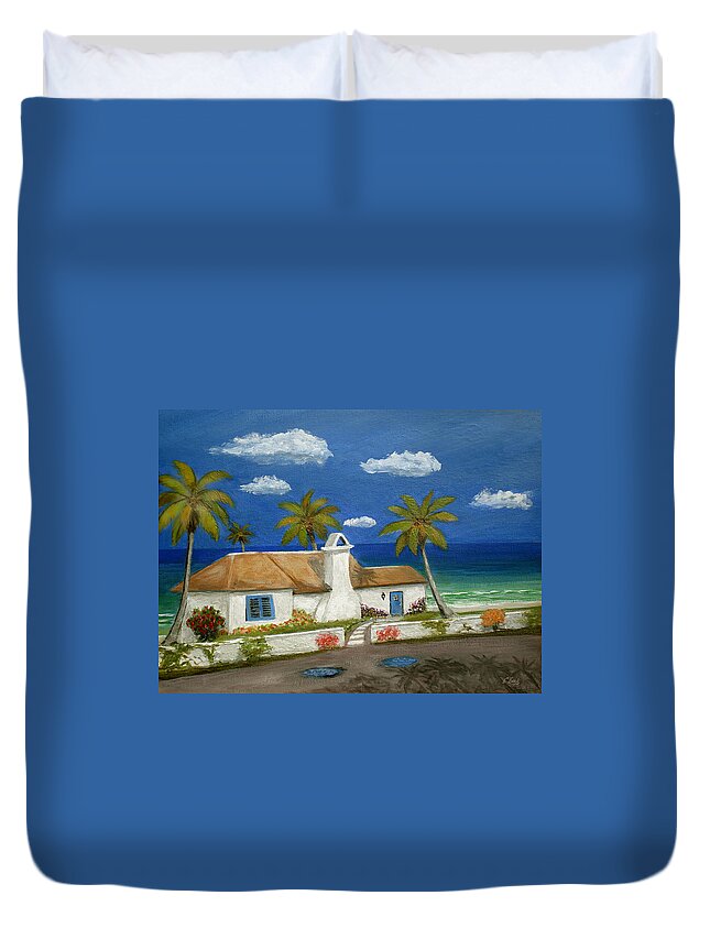 Tropical Beach Cottage Florida Home Seascape Coastal Ocean Palm Trees Caribbean Gordon Beck Art Duvet Cover featuring the painting Sandy Point by Gordon Beck