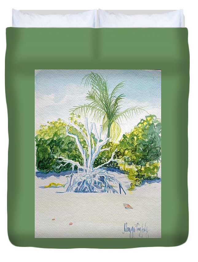 ️️sanibel Florida Beach Nature Beachhouse Coastal Tropical Palmtree Mangrove ️sanibel Island ️shells Duvet Cover featuring the painting Sanibel Lighthouse Stump by Maggii Sarfaty