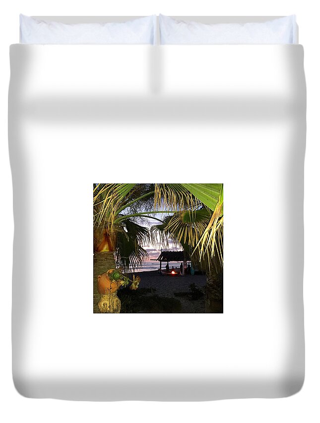 Sanosunset Duvet Cover featuring the drawing Sano Shack Sunset by Paul Carter