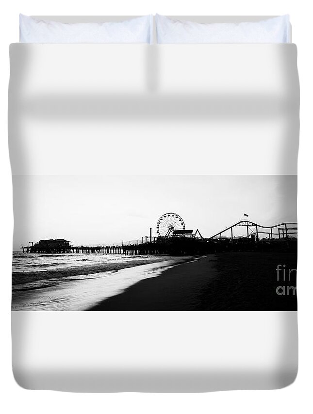 America Duvet Cover featuring the photograph Santa Monica Pier Black and White Panoramic Photo by Paul Velgos