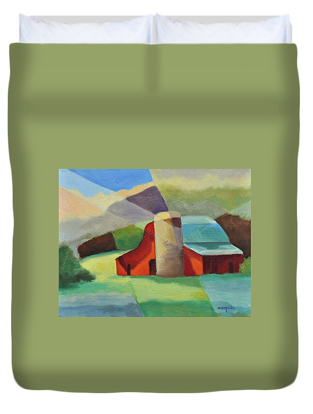 Coloful Abstract Red Barn Duvet Cover featuring the painting Clayton Winery by Ginger Concepcion