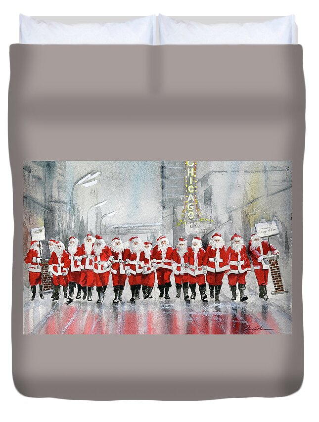 Chicago Duvet Cover featuring the painting Santas On Parade - Chicago State Street by Glenn Galen