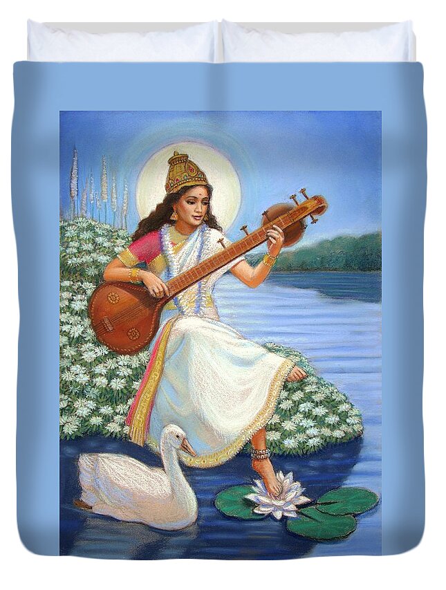 Hindu Goddess Duvet Cover featuring the painting Sarasvati by Sue Halstenberg