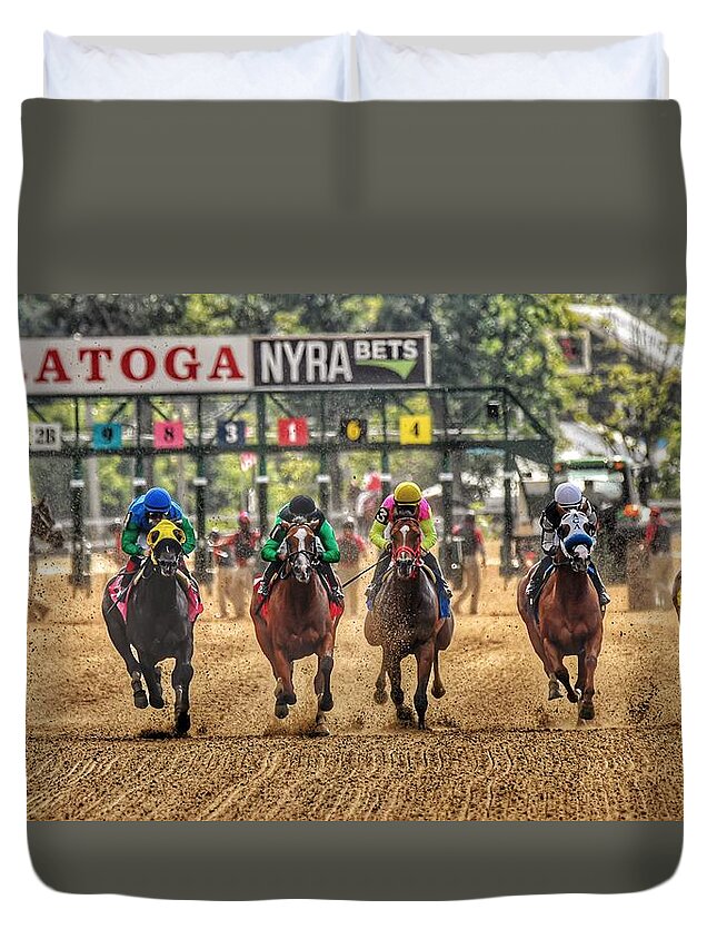 Race Horses Duvet Cover featuring the photograph Saratoga by Jeffrey PERKINS