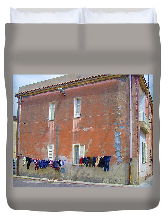 Red Building Duvet Cover featuring the photograph Sardinian Laundry by Jessica Levant