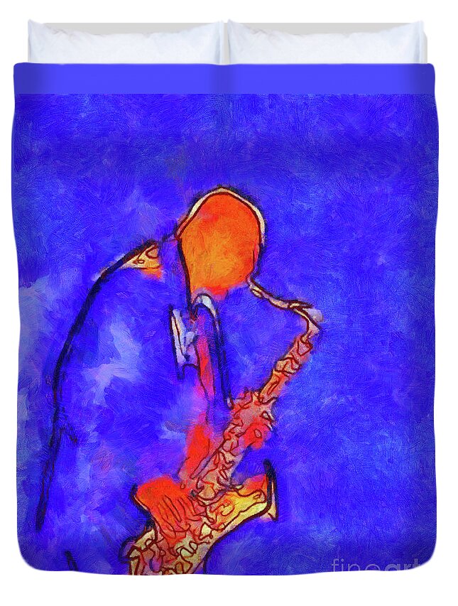 Performance Duvet Cover featuring the digital art Saxophone Player in Blue by Humphrey Isselt