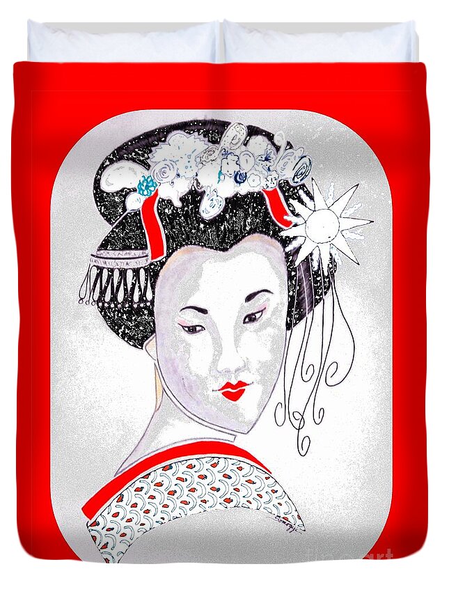 Geisha Duvet Cover featuring the digital art Sayaka -- Color Removal Version by Jayne Somogy