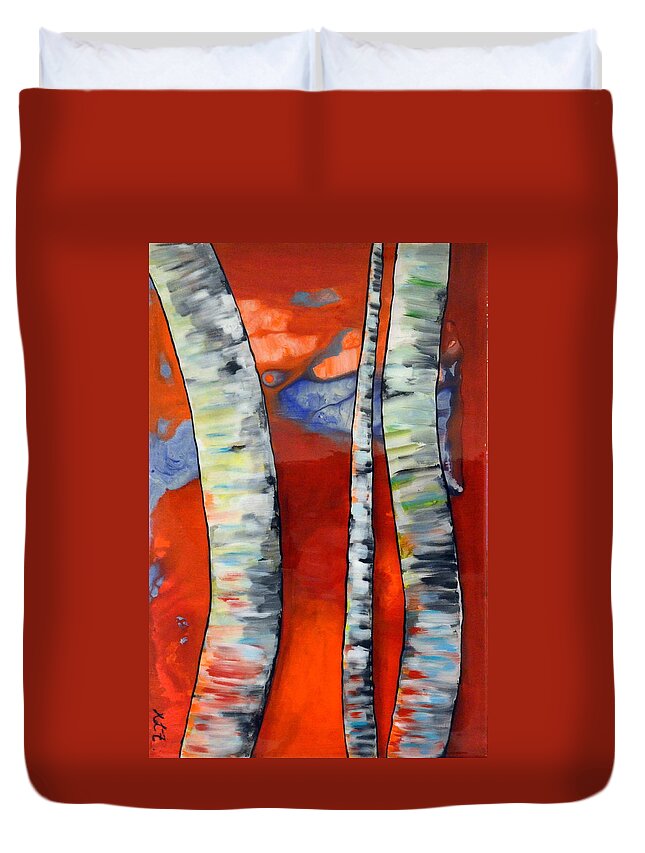Abstract Duvet Cover featuring the painting Scarlet Birch Trees resin by Heather Lovat-Fraser