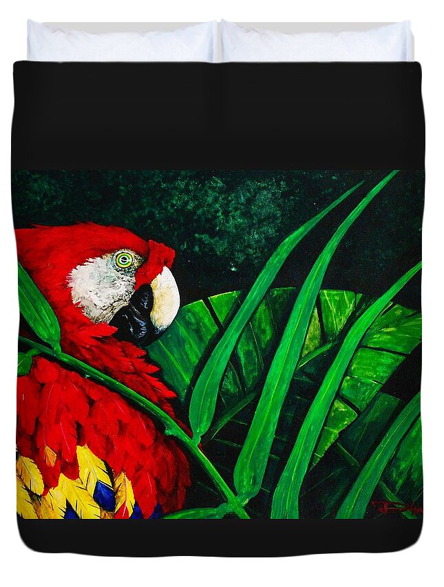 Birds Duvet Cover featuring the painting Scarlet Macaw head study by Dana Newman