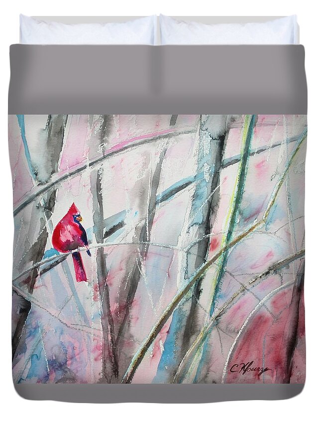 Cardinal Duvet Cover featuring the painting Scarlett Messenger by Christine Kfoury