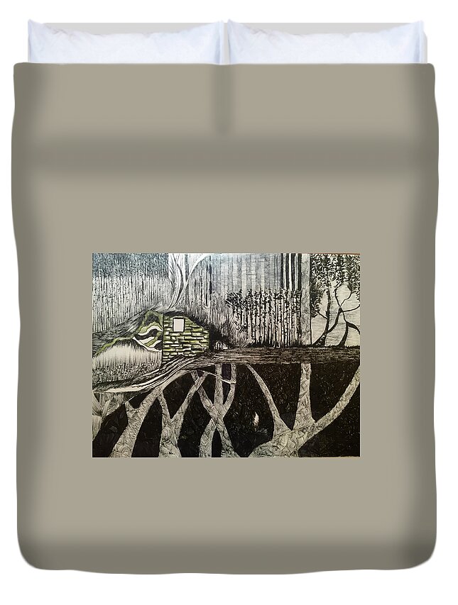 Black And Whitw Duvet Cover featuring the drawing Scene elevated by trees by Dennis Ellman