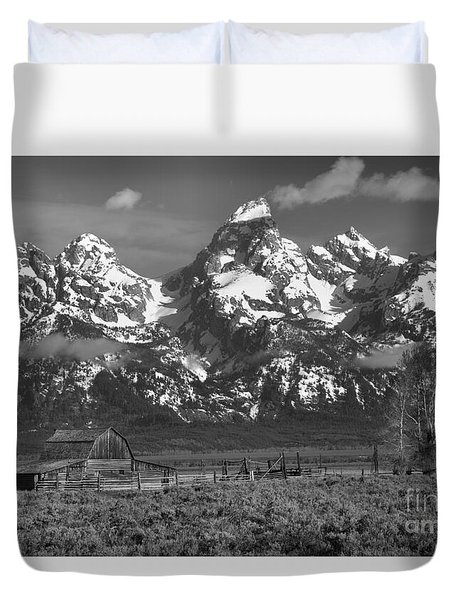 Black And White Duvet Cover featuring the photograph Scenic Mormon Homestead Black And White by Adam Jewell