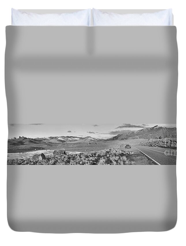 Yellowstone Duvet Cover featuring the photograph Scenic Views On The Road To Tower Black And White by Adam Jewell