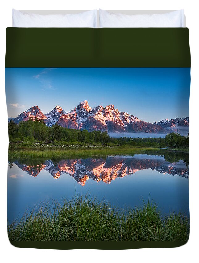 Sunrise Duvet Cover featuring the photograph Schwabacher Alpenglow by Darren White