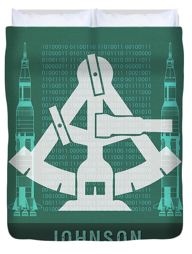 Johnson Duvet Cover featuring the mixed media Science Posters - Katherine Johnson - Mathematician, Physicist by Studio Grafiikka