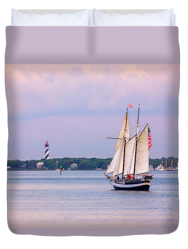 America Duvet Cover featuring the photograph Scooner Freedom Near St. Augustine Lighthouse by Rob Sellers