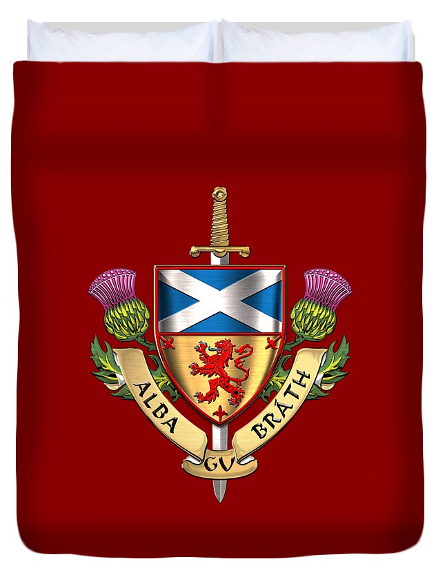 “world Heraldry” Collection Serge Averbukh Duvet Cover featuring the digital art Scotland Forever - Alba Gu Brath - Symbols of Scotland over Red Velvet by Serge Averbukh