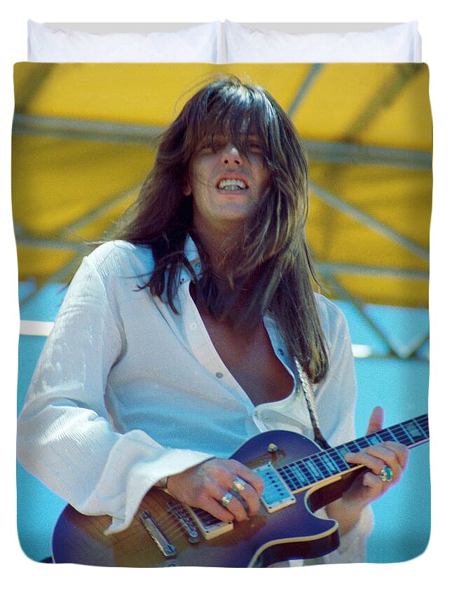 Scott Gorham Duvet Cover featuring the photograph Scott Gorham of Thin Lizzy Black Rose tour at Day on the Green 4th of July 1979 - 1st Color Release by Daniel Larsen