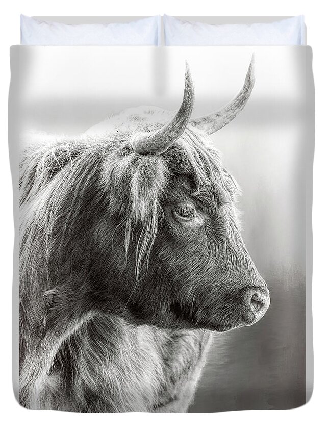 Scottish Highlander Black And White Duvet Cover featuring the photograph Scottish Highlander Black and White by Wes and Dotty Weber