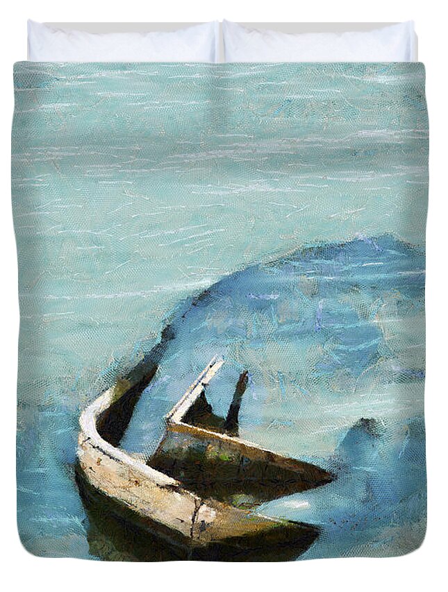 Painting Duvet Cover featuring the painting Sea and boat by Dimitar Hristov